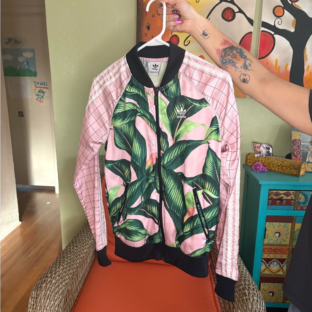 Adidas Farm Rio S Pink and Green Leaf Print Jacket